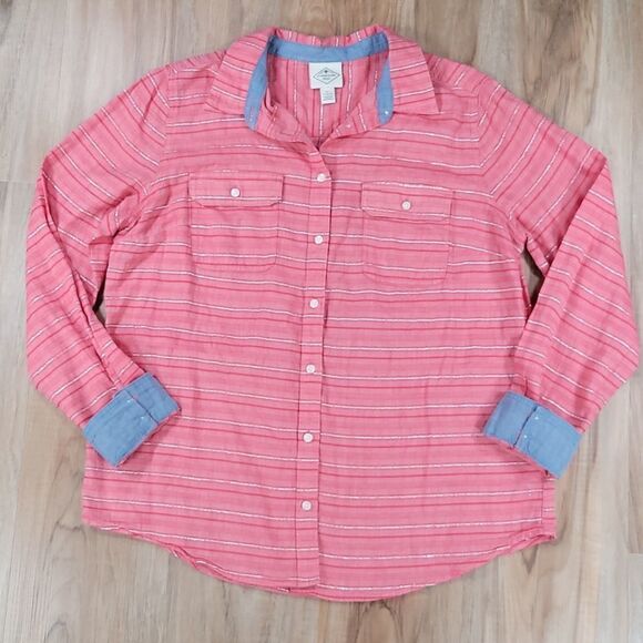 🔺️St. John's Bay Red & Silver Stripe Buttoned Long Sleeve Shirt w/Chest Pockets - Picture 1 of 11